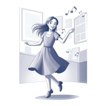 A girl is dancing joyfully in her room. She has long hair that flows as she twirls. She is wearing a dress with a full skirt that flares out as she moves. The room is decorated with posters on the walls, and there is a wooden floor beneath her feet. There are musical notes illustrated around her, creating a lively atmosphere as she dances. The expression on her face shows pure happiness and excitement as she enjoys the moment.