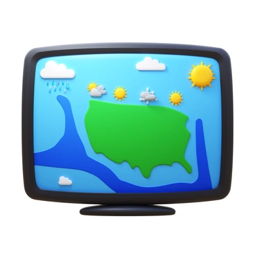 A television screen showing a colorful weather forecast map. The map includes various weather symbols such as sun, clouds, rain, and snow in vibrant colors. Different regions are highlighted in shades of blue, green, and yellow to represent varying temperatures and weather conditions. The television has a sleek black frame, and the background is neutral to emphasize the bright colors of the weather map.