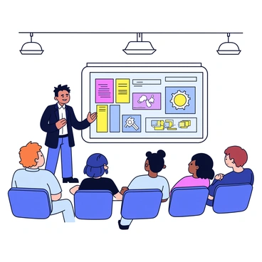 A business professional stands confidently at the front of a modern conference room, wearing a sharp navy suit and a crisp white shirt. In front of them is a large screen displaying a colorful slide deck filled with engaging illustrations and clear visuals. The audience, consisting of diverse individuals, is seated in rows, attentively listening and taking notes. The professional is gesturing towards the screen, highlighting key points, while a projector casts a bright image onto the wall behind them. Bright overhead lights illuminate the room, creating a focused atmosphere.