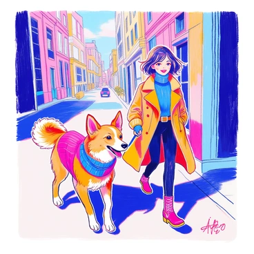 A stylish dog with a sleek coat is wearing a trendy outfit that includes a bright blue sweater and a matching scarf. The dog is confidently walking alongside its fashionable owner. The owner has a chic hairstyle and is dressed in a fashionable coat with a belt, paired with stylish ankle boots. They are strolling in an urban setting with modern buildings in the background. The dog looks excited and happy, with its tail wagging. The owner is smiling as they enjoy their walk together.