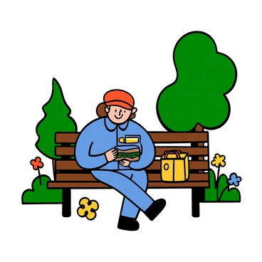 A courier with light skin and short brown hair is sitting on a park bench. They are wearing a blue uniform with a logo on the chest, matching blue pants, and a red cap. The courier is holding a sandwich in one hand and is looking at a digital device with their other hand, checking their delivery list. Around them, there are green trees and colorful flowers in the park, creating a lively outdoor atmosphere. The bench is made of wood, and there is a small backpack resting beside the courier on the bench.