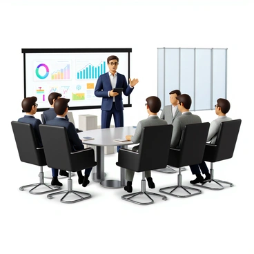 An entrepreneur with short brown hair and wearing a well-fitted navy suit stands confidently in front of a group of investors. The entrepreneur is holding a digital tablet and gesturing animatedly as they present their startup idea. The group of investors, consisting of three men and two women dressed in business attire, are seated around a glossy, oval conference table, attentively listening. The conference room features large glass windows allowing natural light to filter in and has sleek, contemporary furnishings. A projection screen displays colorful graphs and charts related to the startup concept behind the entrepreneur.