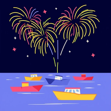 A harbor filled with several boats of different sizes gently bobbing on the water. The boats are brightly colored, including red, blue, and yellow vessels. The sky is a deep indigo, providing a backdrop for the vibrant fireworks that burst into an array of colors above. The fireworks display includes large golden spirals, red stars, and green trails, illuminating the boats and the water below. Reflections of the fireworks dance on the surface of the harbor, creating a festive atmosphere.