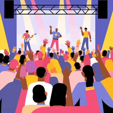 A frenzied crowd jumping and cheering at a rock concert under bright stage lights