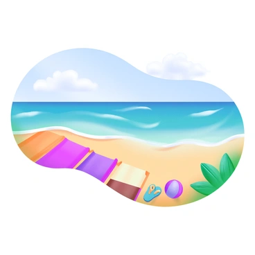 A serene beach scene featuring gentle ocean waves lapping at the golden shore. In the foreground, several colorful beach towels are spread out on the sand, inviting beachgoers to come closer. Nearby, a beach ball and a pair of flip-flops rest on the warm sand. In the background, a clear blue sky stretches over the horizon, while a few fluffy white clouds drift lazily. The ocean water sparkles under the sunlight, creating a peaceful atmosphere.