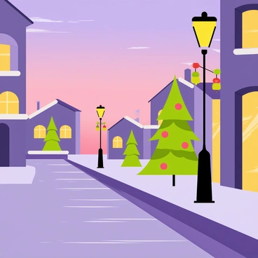 A quiet street at dusk with soft purple and orange hues in the sky. Street lamps line the sides of the cobblestone road, each adorned with bright red and green jingle bell decorations. Shadows stretch across the ground, creating a cozy atmosphere. Small houses with warm yellow light glowing from their windows are visible in the background. A single evergreen tree, decorated with colorful ornaments, stands on the sidewalk beside the street.