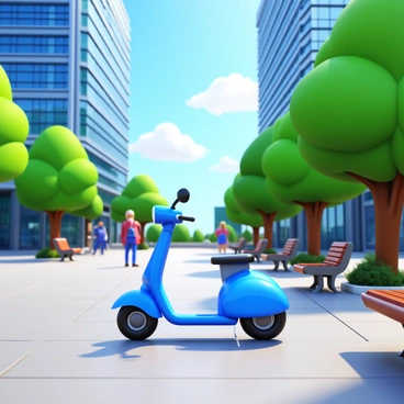 An electric scooter parked at a modern city plaza during a sunny day