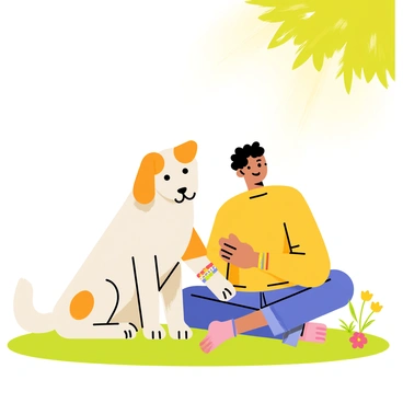 A pet dog with a shiny coat is sitting beside its owner. The dog is wearing a colorful friendship bracelet wrapped around its paw. The owner is depicted with a warm smile, sitting cross-legged on the grass. Sunlight filters through the trees, casting dappled shadows on the ground around them. A few colorful flowers are scattered nearby, adding to the cheerful atmosphere of the scene.