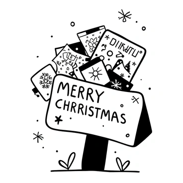 A mailbox with the words "Merry Christmas" engraved on its side, overflowing with numerous Boxing Day greeting cards. The cards display a variety of festive designs, some featuring snowflakes, Christmas trees, and holiday ornaments. Several cards are partially sticking out of the mailbox, while others have fallen onto the ground around it. Snowflakes are gently drifting down around the scene, creating a winter atmosphere.