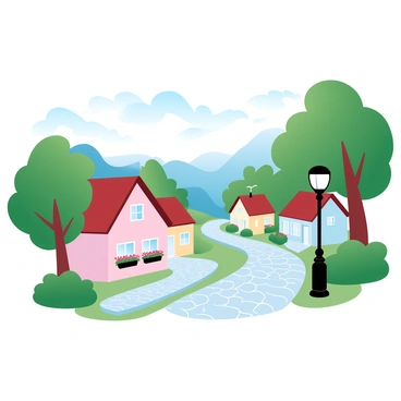 A picturesque village with cobblestone streets winding through it. Charming homes with colorful facades line the streets, each home adorned with vibrant flower boxes under the windows. Lush greenery surrounds the village, with trees providing shade over the pathways. A traditional lamppost stands at the corner, and a gentle breeze rustles the leaves, adding life to the scene. In the distance, rolling hills complement the village's quaint charm.