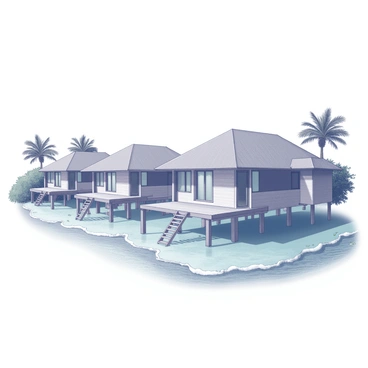 Overwater bungalows situated atop calm, crystal clear waters. Each bungalow features a thatched roof and wooden deck with a ladder leading directly into the water. Surrounding the bungalows are gentle waves lapping against stilts, creating a serene atmosphere. The surface of the water reflects the sky, while small fish can be seen swimming beneath the surface. Lush greenery and palm trees frame the scene in the background, enhancing the tropical setting.