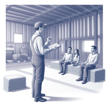 A farmer stands at the front of a rustic barn, delivering a sermon to an audience seated on hay bales. He holds a Bible in one hand while gesturing with the other to emphasize his message. The barn is spacious, with wooden beams supporting the high ceiling. Sunlight filters through the wooden slats, casting patterns on the dirt floor. The farmer wears work boots, denim overalls, and a plaid shirt, embodying a traditional farming look. In the background, farming tools and equipment are visible, adding context to the scene. The atmosphere is focused and attentive, with a few individuals sitting quietly and listening.