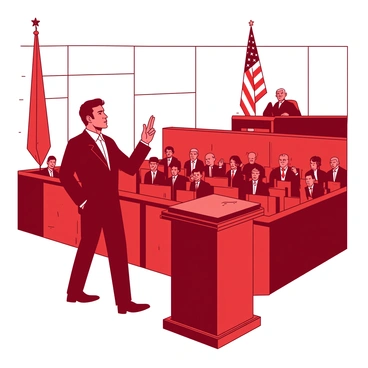 A red lawyer stands confidently at a wooden podium in a courtroom. He is wearing a tailored black suit and gesturing emphatically with his right hand, emphasizing a crucial point of his argument. The courtroom is filled with rows of wooden benches, and a jury is seated to his left, attentively listening. In the background, there is a large American flag hanging, and a judge presides over the scene from an elevated bench, looking serious. The overall atmosphere captures the intensity of the legal proceedings.