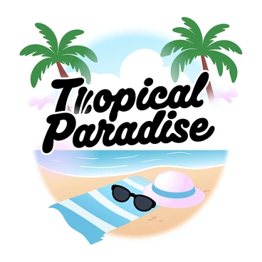 A tropical island is depicted with lush green palm trees swaying gently in the breeze. The clear blue waters surround the island, reflecting the bright sunlight. The beach is sandy and pristine, inviting visitors to relax. In the foreground, a colorful beach towel is spread out, with a pair of sunglasses resting on it. A large sun hat is placed beside the towel, suggesting a day of leisure. Above the scene, the words "Tropical Paradise" are prominently displayed in bold, vibrant lettering.