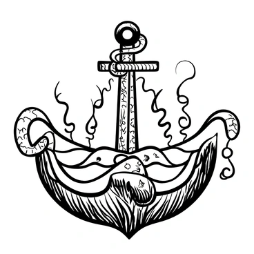 An anchor firmly lodged in the seabed, with detailed textures showing the rugged surface of the ocean floor. The anchor connects to a large ship above, with multiple ropes extending from it, ensuring the vessel remains steady. Strong currents are represented by swirling lines and waves around the anchor, creating a sense of movement and power in the water.