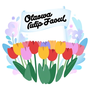 A close-up view of a vibrant display of tulips in full bloom, showcasing a variety of colors including red, yellow, pink, and purple. The tulips are arranged in neat rows, with some swaying gently in the breeze. In the background, there are other colorful flowers and green foliage that complement the tulip arrangement. A large banner reading "Ottawa Tulip Festival" is visible, adding context to the scene. The atmosphere is lively, filled with the essence of spring.