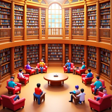 An elegant library featuring a grand central rotunda. The rotunda is filled with numerous readers of diverse backgrounds, each engaged in different activities. Tall bookshelves line the walls, filled with countless books. Ornate chandeliers hang from the ceiling, casting a warm glow over the scene. Large windows allow natural light to flood the space, highlighting the intricate architectural details. Comfortable seating areas are scattered throughout, with some readers sitting in plush armchairs while others are gathered around wooden tables, discussing their findings.