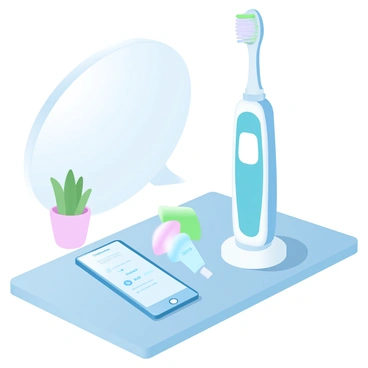 A smart toothbrush with a sleek design is placed on a bathroom counter. The toothbrush features a glossy handle and a color display panel showing its app connectivity status. Next to the toothbrush, a smartphone is positioned, displaying an interface with various settings and tracking features related to dental hygiene. The bathroom counter is tidily organized, with a small potted plant and a tube of toothpaste beside the toothbrush. The background includes a mirror reflecting the countertop setup, enhancing the sense of space.