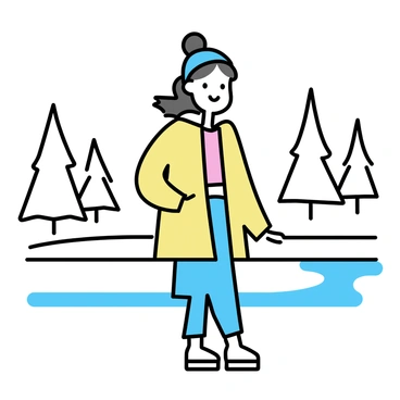 A fashionable person, wearing a trendy winter coat and a stylish hat, is standing confidently on a frozen lake. The person has ice skates on their feet and is striking a pose, with one leg slightly bent and arms elegantly positioned. Surrounding them is a winter wonderland, with snow-covered trees in the background and a soft layer of snow blanketing the ground. The sky is clear, enhancing the bright and fresh atmosphere of the scene.