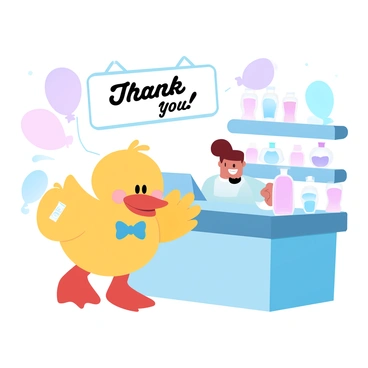 A cartoon duck with a vibrant yellow body is standing at a colorful cashier's counter in a whimsical store. The duck is wearing a small blue bowtie and holding a rolled-up bill in its wing. The cashier, a smiling cartoon character, is behind the counter, which is filled with an assortment of fun and quirky items like candy jars and novelty toys. The store's walls are painted in cheerful pastel colors, and there are shelves stocked with playful merchandise. A “Thank You!” sign is hanging above the cashier, surrounded by floating pastel balloons.