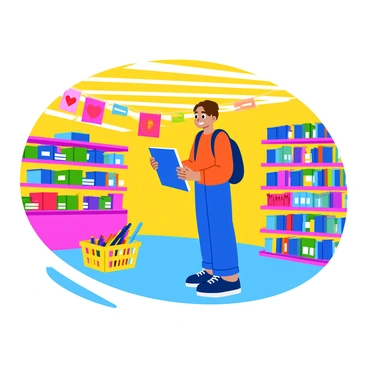 A young student stands in a brightly lit stationery store, surrounded by shelves filled with colorful notebooks and pens. The student is reaching for a vibrant blue notebook with a fun design on the cover. Nearby, a variety of pens in shades of red, green, and yellow are neatly arranged on a display. The student has a cheerful expression, wearing a backpack, and a shopping basket sits on the floor, partially filled with other school supplies. Brightly colored banners hang from the ceiling, promoting back-to-school sales, adding to the lively atmosphere of the store.