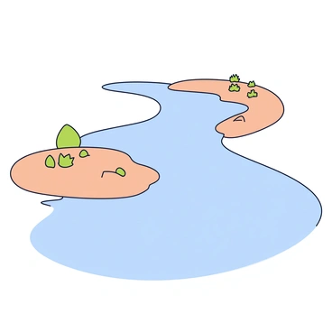 A meandering river with gently curving banks. The water is a clear blue color, flowing smoothly through the landscape. Along the banks of the river, there are deposits of light brown sediment, creating small sandy areas. Sparse green vegetation, such as grass and small bushes, is growing near the water's edge. The river reflects the clear sky above.