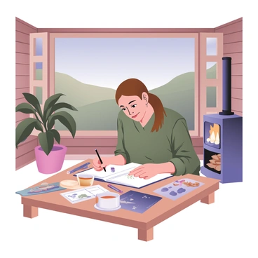 An illustrator is sitting at a wooden table in a cabin in the Scottish Highlands. The cabin has a rustic interior with wooden beams and a cozy fireplace in the background. Outside the window, lush green hills and a clear blue sky are visible. The illustrator, who has light brown hair tied back, is focused on drawing in a sketchbook with a pencil in hand. Various art supplies, including colored pencils and paints, are scattered on the table. A cup of steaming tea sits beside the sketchbook. There are large plants in pots near the window, adding a touch of nature to the scene. The atmosphere is tranquil and inviting.