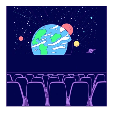 A dark room filled with seats faces a large dome overhead. The dome displays a vibrant scene of "Earth" alongside other celestial bodies such as "Mars," "Jupiter," and "Saturn." Stars twinkle across the dome, creating a mesmerizing backdrop. Each planet is shown in intricate detail, with varying shades and textures. "Earth" is depicted with swirling blue oceans and green landmasses, while "Mars" features its reddish surface. The show is enhanced with beams of light illuminating the planets, creating a dynamic and engaging atmosphere.