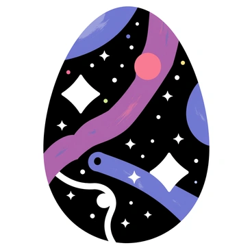 An egg with a smooth surface, painted in vibrant colors depicting a galaxy scene. The egg features swirling patterns of deep purples, blues, and blacks representing the cosmos. Bright white stars are scattered across the surface, twinkling against the dark backdrop. Colorful nebulae in shades of pink and teal intertwine with the stars, creating a sense of depth and movement.