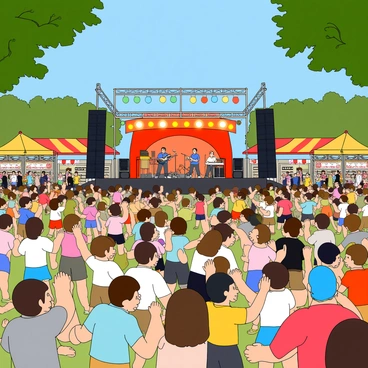 A lively outdoor music festival scene filled with a cheering crowd. The atmosphere is energized, with people of various ages dancing and enjoying the music. In the foreground, there is a large colorful stage, embellished with bright lights and banners. Musicians are visible on the stage, actively performing with instruments. The crowd is a mix of individuals wearing casual summer clothing, such as t-shirts and shorts, some holding drinks or waving their hands in the air. In the background, multiple food stalls are set up, with colorful awnings and people waiting in line. Trees and a clear blue sky frame the scene, enhancing the festive ambiance.