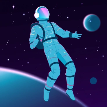 An astronaut in a sleek, form-fitting spacesuit is floating effortlessly in the vastness of space. The suit is adorned with glowing circuit patterns that pulse with light. The astronaut wears bright, futuristic headphones that emit a soft, colorful glow, contrasting with the dark backdrop of space. Stars twinkle in the background, and distant planets are visible, adding depth to the scene. The astronaut’s visor reflects the shimmering cosmos, creating an immersive and captivating visual experience.
