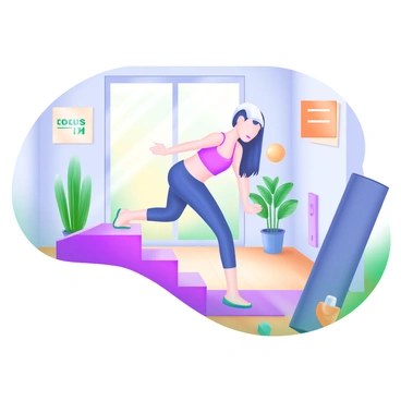 A modern pastel illustration depicting a person performing step-ups in a sunlit room. The individual is wearing comfortable athletic attire and has a determined expression. Sunlight streams through a large window, casting soft shadows on the wooden floor. In the background, there are potted plants adding greenery to the scene. The room is bright and airy, with light-colored walls and a few motivational posters hanging. A yoga mat is rolled up neatly in one corner, and a water bottle sits nearby.