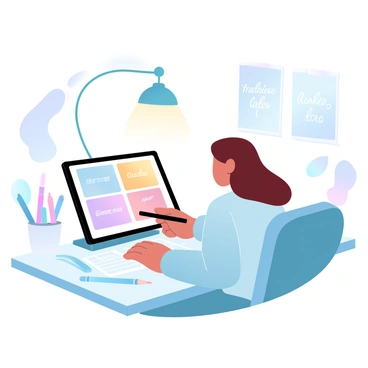 A digital workspace features a table where an illustrator is seated, focused on a tablet in front of them. The tablet displays a colorful array of graphics, showcasing various name ideas in vibrant hues. Surrounding the workspace are art supplies like colored markers, pencils, and sketch pads scattered about. A bright lamp casts a warm glow over the scene, illuminating the creative atmosphere. There are inspirational posters hanging on the walls, adding to the lively environment.