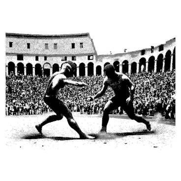 Two gladiators are engaged in a fierce battle in the center of the Colosseum. One gladiator is wielding a sword and wearing a breastplate, while the other has a trident and a net. Dust is rising around their feet as they move swiftly. The crowd in the stands is a diverse mix of people, all expressing excitement, with some cheering and others leaning forward in anticipation. The architecture of the Colosseum looms in the background, with its iconic arches and stone structure visible.