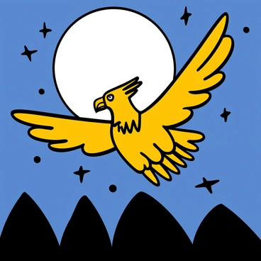 A griffon with golden feathers and a majestic eagle head is soaring through the sky. Its wings are wide and powerful, catching the moonlight. The full moon is large and bright in the background, casting a silvery glow across the scene. Stars are twinkling around the moon, enhancing the night atmosphere. Below, there are dark silhouettes of treetops, framing the bottom of the image. The griffon appears determined and graceful as it glides through the night sky.