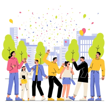 A public square filled with people expressing surprise as a burst of colorful confetti fills the air. The confetti consists of vibrant pieces in various shapes and sizes, creating a festive atmosphere. Some individuals have their arms raised in excitement while others cover their faces in astonishment. Surrounding the square, there are tall buildings and trees, adding to the lively urban scene. A few balloons are floating above the crowd, complementing the cheerful moment. The sunlight shines down, illuminating the scattering confetti and the joyful expressions of the people.