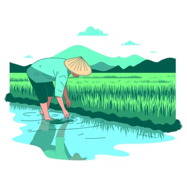 A teal farmer wearing a straw hat is bending down to inspect the rice plants in a waterlogged paddie. The delta region around him is lush and vibrant, with rows of green shoots emerging from the wet soil. Reflections of the farmer and the green plants can be seen in the shallow water. In the background, gentle hills rise, adding depth to the landscape, while small, white clouds drift across the sky.