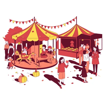 A vibrant scene at an autumn festival filled with people of various ages enjoying themselves. In the foreground, a group of children is laughing as they ride on a bright orange carousel adorned with colorful autumn leaves. Nearby, an array of stalls is set up, each decorated with red and yellow bunting. One stall features a vendor serving warm apple cider, while another offers freshly baked pumpkin pies displayed on a wooden table. Families stroll around, some holding caramel apples, while others sit on hay bales enjoying their snacks. The ground is covered with fallen leaves, adding to the festive atmosphere.
