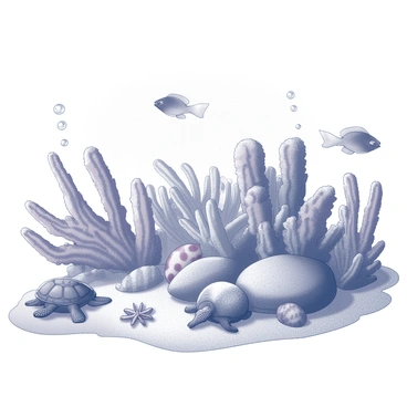 A coral reef teeming with life. The scene features various species of brightly colored fish swimming among the coral formations. The coral structures display intricate textures and shapes, providing a habitat for small marine creatures. Light filters through the water, creating patterns on the sandy ocean floor. A few sea turtles glide gracefully through the scene, and a starfish can be seen resting on a rock. Small bubbles rise to the surface, adding to the dynamic underwater environment.