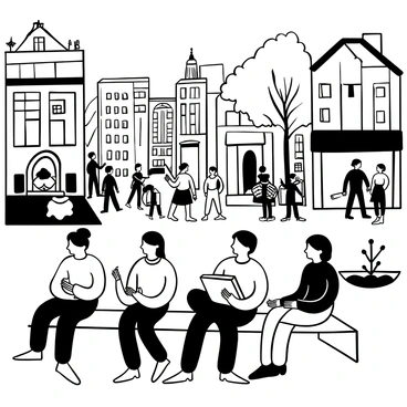 A group of urban sketchers seated on benches in a busy city square, each absorbed in their sketching. Various sketchbooks are open, revealing drawings of people walking by, street vendors, and the architecture of nearby buildings. Some sketchers are using pencils, while others have ink pens, with drawings showing dynamic lines and details. In the background, tall buildings create a skyline, and pedestrians of different ages navigate through the square. A tree stands in one corner, providing shade, and a fountain with water splashing can be seen nearby.