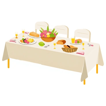 A beautifully set dining table featuring a white tablecloth and elegant golden cutlery. The table is adorned with a centerpiece of fresh flowers in vibrant colors, surrounded by small decorative candles. A variety of dishes made from local produce are arranged on the table, including a large salad in a wooden bowl, colorful roasted vegetables on a platter, and artisanal bread in a woven basket. Each place setting includes a matching plate, a glass filled with refreshing lemonade, and a folded napkin.