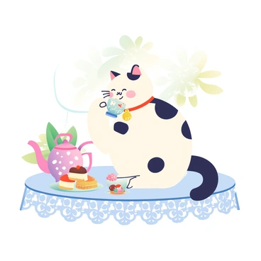 A lucky cat with white fur and black spots is sitting at a small round table, delicately sipping tea from a floral-patterned cup. The cat has a joyful expression and is wearing a tiny red collar with a bell. Around the table, there are pastel-colored plates filled with assorted pastries and finger sandwiches. A vintage teapot with intricate designs rests next to the cat. Soft sunlight filters through the leaves of nearby flowers, creating gentle highlights on the scene. The tablecloth is a light lace fabric, adding an elegant touch to the quaint tea party setting.