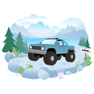 A rugged truck with large off-road wheels is driving over a rocky path surrounded by tall, rugged mountains. The truck is covered in dirt and mud, showcasing its adventurous spirit. On the side of the path, patches of green grass and small wildflowers peek through the rocks. In the distance, a serene lake is visible, reflecting the clear blue sky above. A few scattered pine trees line the edges of the path, hinting at a perfect camping spot nearby. A "CAMPING" sign stands at the edge of the trail, partially obscured by the foliage.