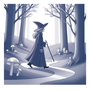 A witch with a long black cloak and a pointed hat is walking along a winding path in a dense forest. She carries a gnarled wooden staff and has a small pouch at her waist. The forest is filled with tall trees whose trunks are thick and textured, and their leaves create intricate shadows on the ground. Glowing mushrooms of various shapes and sizes are scattered throughout the underbrush, their luminescence casting a soft light. Mystical creatures, such as small fairies with delicate wings and a curious fox with glowing eyes, peek out from behind the foliage, observing the witch as she passes by. The atmosphere is filled with a sense of magic and wonder.
