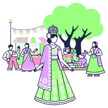 A bride is standing in the center of a vibrant village celebration, wearing an intricately designed traditional lehenga that features detailed embroidery. The lehenga is accompanied by a matching dupatta draped elegantly over her shoulders. She has her hair styled in an elaborate manner, adorned with fresh flowers and jewelry that sparkles in the light. Surrounding her are village members dressed in colorful attire, some dancing joyfully, while others are preparing traditional dishes. In the background, there are stalls decorated with bright fabrics and lights, and a large tree provides shade to the festivities. The atmosphere is lively with music notes and laughter filling the air.