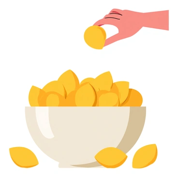 A bowl of golden-brown crunchy potato chips sits on a wooden table. The bowl is round and filled to the brim with the chips, some slightly curled at the edges. One chip is captured mid-air, suspended above the bowl, with a hand reaching out towards it. The hand is slightly open, fingers poised to grasp the chip. A few chips are scattered around the bowl, adding to the scene. The lighting casts subtle shadows, highlighting the texture of the chips.