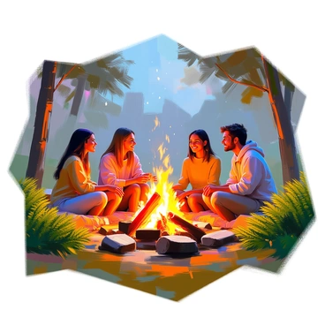 A group of friends is gathered around a crackling bonfire, sharing stories and laughter. The flames flicker warmly, casting a soft glow on their faces. They are seated on rustic wooden logs and blankets, creating a cozy atmosphere. Surrounding them are vibrant green ferns, lush and thick, adding a sense of nature to the scene. The backyard is filled with tall trees, and the night sky above is dotted with stars, enhancing the tranquil setting of their gathering.