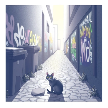 A narrow alleyway with cobblestone pavement. The walls on either side are covered in various graffiti, showcasing colorful tags and art. The setting sun casts shadows, creating a dusk ambiance. A stray cat with a scruffy coat is sitting in the alley, looking alert and attentive. Its eyes are reflecting the fading light, and it is positioned beside a discarded piece of cardboard. Trash bins are situated along one side of the alley, partially obscured by the overgrown weeds emerging from the cracks in the pavement. The atmosphere conveys a sense of urban life.