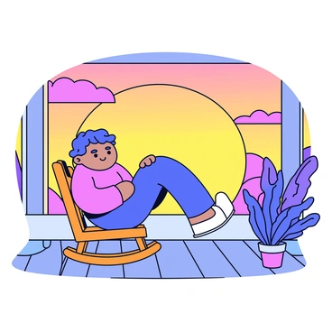 A slowboy with a round face and wearing a cozy sweater is sitting in a wooden rocking chair on a porch. His legs are comfortably crossed, and he has a gentle smile on his face as he watches the sunset. The sky is filled with shades of orange, pink, and purple, creating a warm glow around him. The porch has wooden boards and a few potted plants nearby, adding to the serene atmosphere.