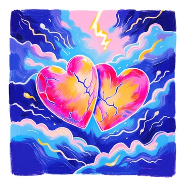 Two hearts are depicted in the center of the image, intricately designed with vibrant colors. They are surrounded by dark, swirling storm clouds that convey a sense of turbulence and chaos. The hearts have cracks running through them, symbolizing pain and conflict. Lightning bolts can be seen branching out from the storm clouds, intensifying the atmosphere of turmoil. The overall color palette contrasts the bright hearts against the ominous gray and black of the clouds, highlighting the emotional struggle depicted in the scene.